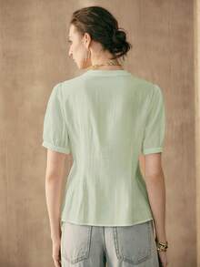 SHEIN 女士粘胶梭织面料圆领插肩袖条纹休闲衬衫 - 綠色 - 查看 5