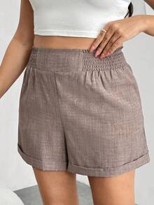 Enliva Pink And Grey Sommar Smart Casual Holiday Plus Size Wide-Leg Shorts,Tummy Control Stretch-Waisted Loose-Fitting Shorts For Apple And Rounded Shape - Khaki - View 3