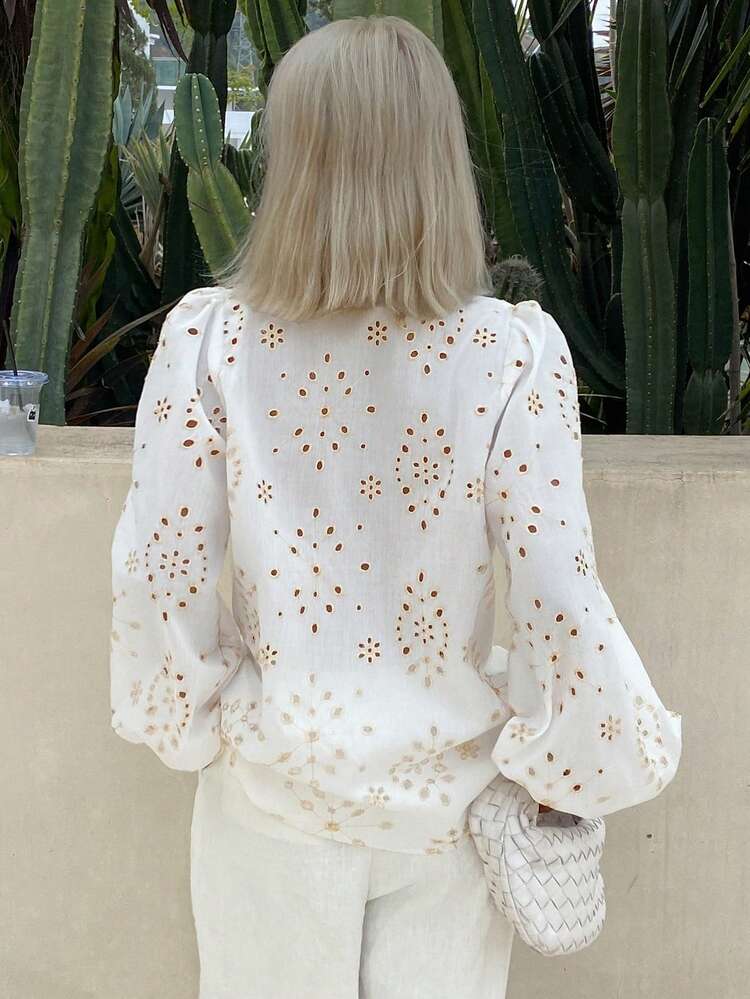 Women's Vacation Casual Hollow Out Embroidery Lace-Up Blouse Boho