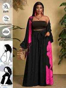 SHEIN CURVE+ Curve 尺码 US22 音乐节、海滨度假、波西米亚风女士花卉图案灯笼袖长袍和裤子宽松两件套 - 彩色 - 查看 8