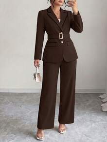 GlowEve CURVE Plus Size Women Patchwork Elegant Blazer + Straight Leg Pants, Commuter Outfit - Brown - View 6