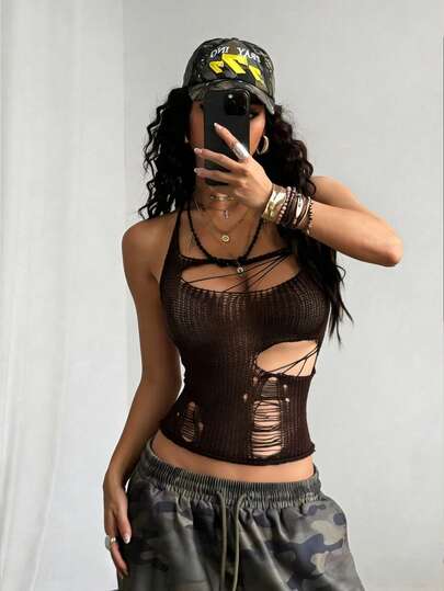 StreetHx 街头风女款纯黑色镂空钩针无袖针织上衣