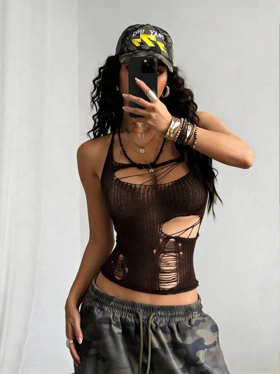 StreetHx Top de punto sin mangas con calado de color negro sólido para mujer, estilo urbano - Café integral - Ver 1