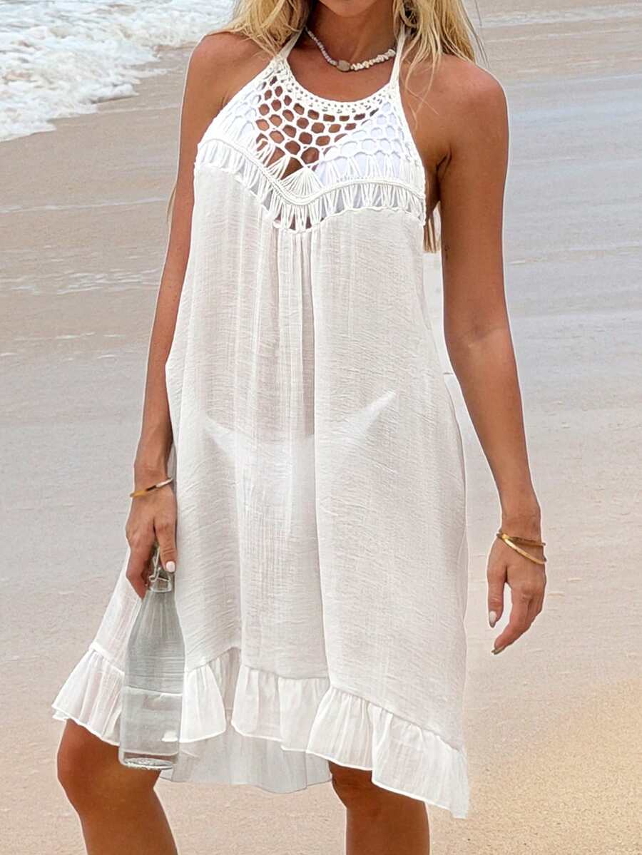 Swim Vcay Vestido de cuello halter con diseño hueco, estilo de vacaciones y playa para mujer - Blanco - Ver 1