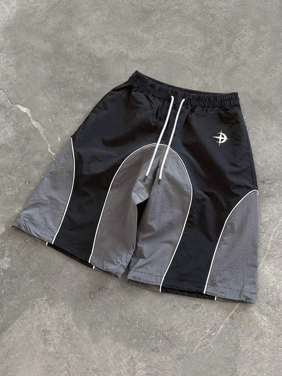 PAVTROS 春夏，Y2K，街头服饰，节日，度假，送给男友的礼物，派对，健身，老钱，外出，复古，男士黑灰撞色宽松休闲短裤，弧形裤型，弹性腰带，小图案设计，百搭夏季短裤，宽松版型。 - 黑色 - 查看 1