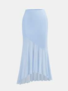 Girlism 少女浅蓝色纯色网纱优雅修身休闲简约舒适不对称下摆吊带背心和美人鱼下摆半身裙套装 - 淺藍色 - 查看 7