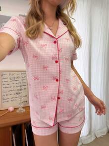 SHEIN Bow Plaid Print Sweet Lapel Women Short Sleeve Pajama Set - Pink - View 4