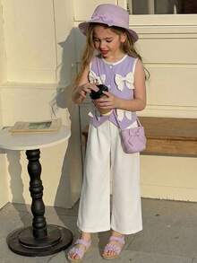 Young Girl' Set, Round Neck Top With Contrast Color Cuffs And Collar, Button Front Closure, Bow Decor, Paired With Straight Leg Casual Pants, Elegant And Fashionable Outfit - Purple - View 11