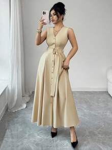Elenzga Áo khoác cardigan dệt kim không tay cổ chữ V mới dành cho nữ, điểm nhấn là vòng kim loại, kiểu dáng thanh lịch, thích hợp mặc lâu dài. - Màu Khaki - Xem 6