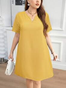 SHEIN Clasi 大码女式V领短袖休闲连衣裙 - 黃色 - 查看 3
