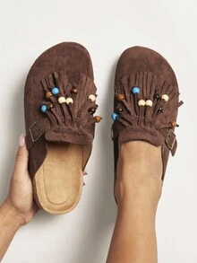 Solezae Zuecos de mujer con flecos de ante marrón y decoración de cuentas de colores - Retro, artístico y elegantemente chic. - Marrón - Ver 7