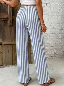 SHEIN Frenchy Casual Minimalist Style Vacation Blue & White Striped Women Elastic Waist Drawstring Loose Pants, Suitable For Spring & Summer Vacation - Multicolor - View 2