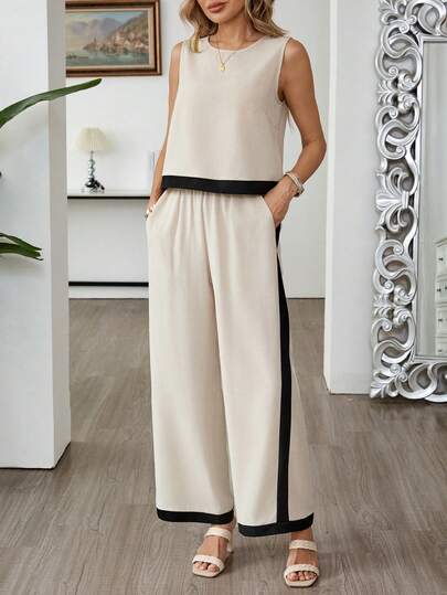 EMERY ROSE Women's Contrast Color Round Neck Tank Top And Pants Casual 2 Pieces Set Summer Outfits For Women Work Outfits For Women Office Outfits For Women Two Piece Set Women Elegant Two Piece Set For Women Summer Two Piece Set 2-Piece Going Out Sets For Women Matching Sets For Women Women's Blouse Set Coords For Women Casual Classy