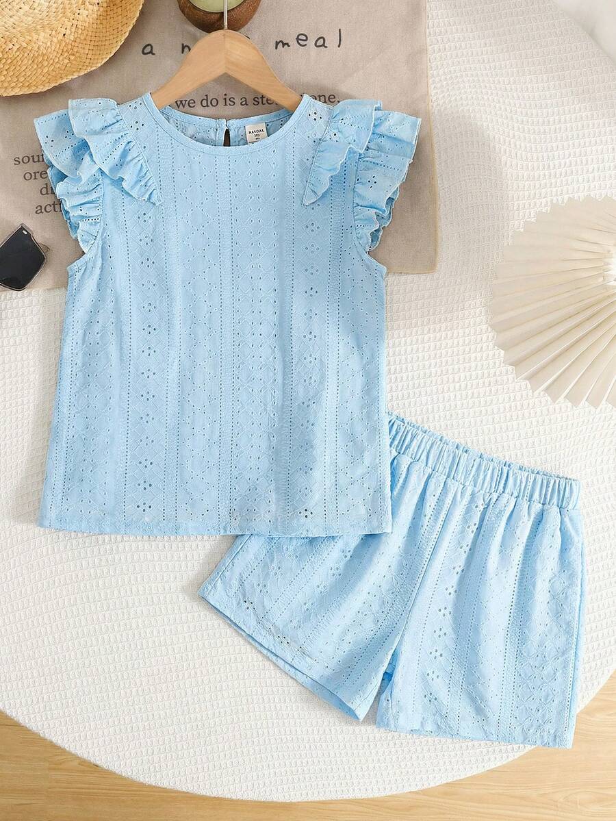 SHEIN LMoss Kids Tween Girl 2 Pieces Set: Casual Comfortable Round Neck Ruffle Blouse And Pants - Blue - View 1