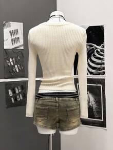 StreetHx Women's Streetwear Solid Color Ribbed Button-Up Long Sleeve Sweater Top, Autumn/Winter - Apricot - View 2