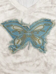 SHEIN LUNE 复古美式蝴蝶刺绣V领褶皱背心，扎染修身夏季短款T恤，印花T恤，女式上衣 - 杏色 - 查看 4