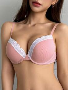 DAZY Bra Wanita dengan Tali Bahu Tipis yang Dapat Diatur dan Efek Push-Up Ringan, Motif Renda dan Patchwork. - Berwarna merah muda - View 8