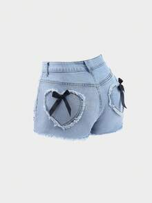 Girlism 少女黑色丝带蝴蝶结毛边心形破洞弹力紧身牛仔短裤 - 淺色水洗藍 - 查看 4