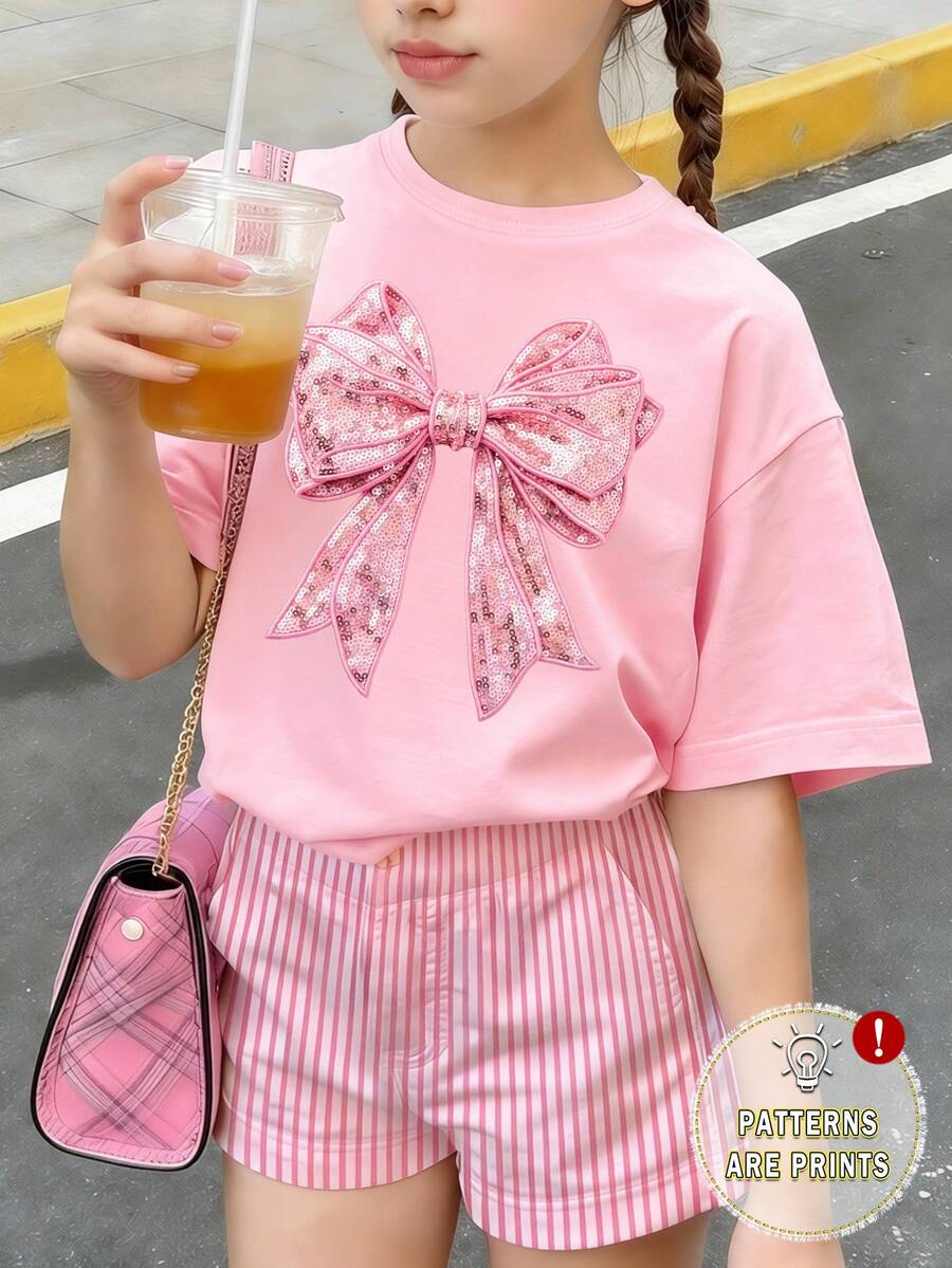 少女休闲时尚创意个性清新高端闪亮蝴蝶结印花基础款短款T恤，舒适日常穿着，适合春、夏、秋季穿着。 - 粉色 - 查看 1
