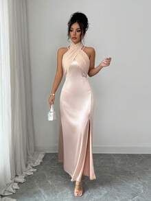 SHEIN Raffinéa Đầm phù dâu thanh lịch, tối giản, có thể biến tấu, một vai, xẻ tà, dáng dài ôm sát dành cho phụ nữ. - Rượu sâm banh - Xem 7