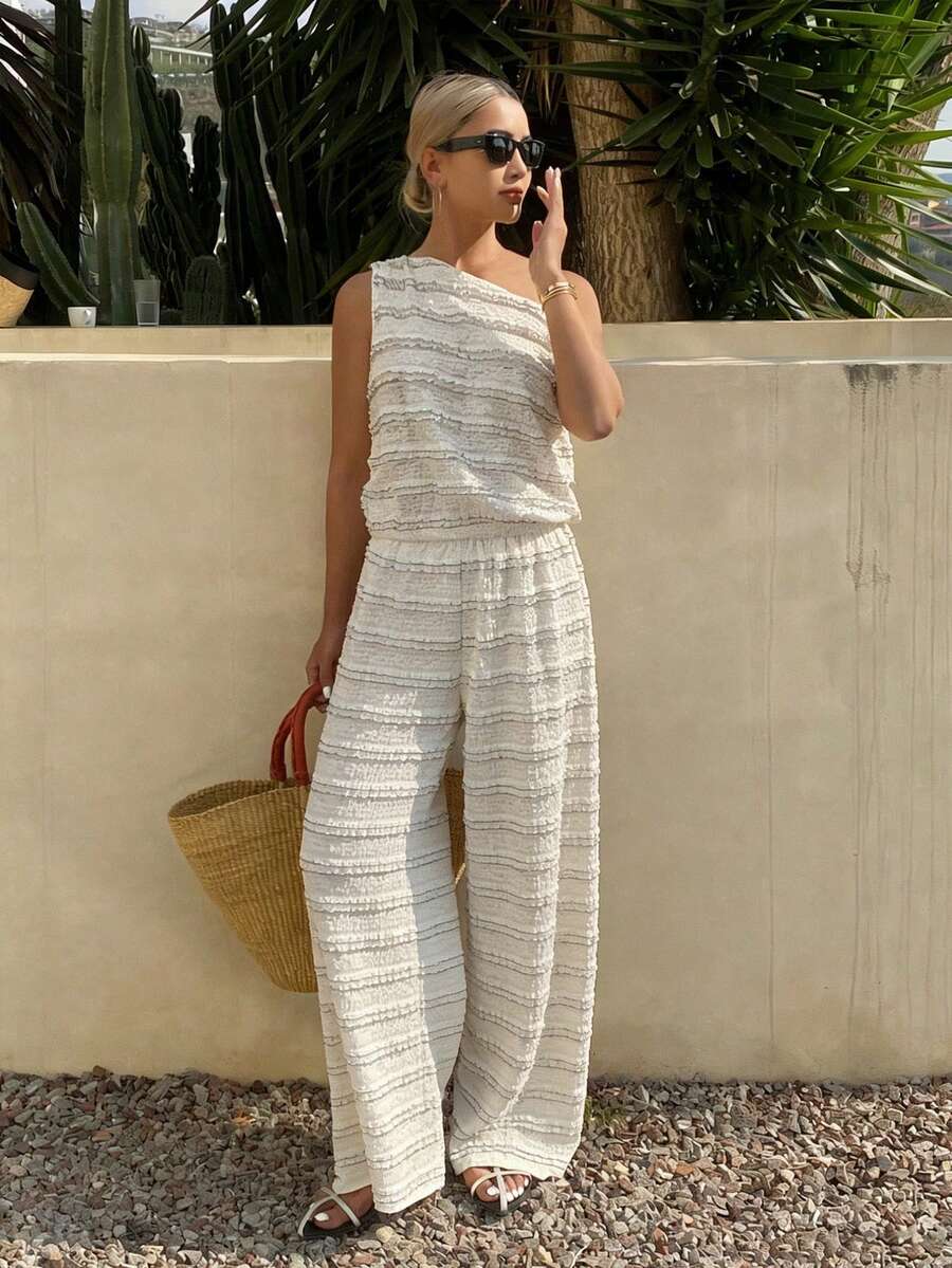 DAZY Bộ đồ hai mảnh dành cho nữ, gồm áo và quần ống rộng bất đối xứng vai, chất liệu vải có họa tiết, kiểu dáng đi nghỉ mát/bãi biển, mùa xuân/hè. - Màu Khaki - Xem 1