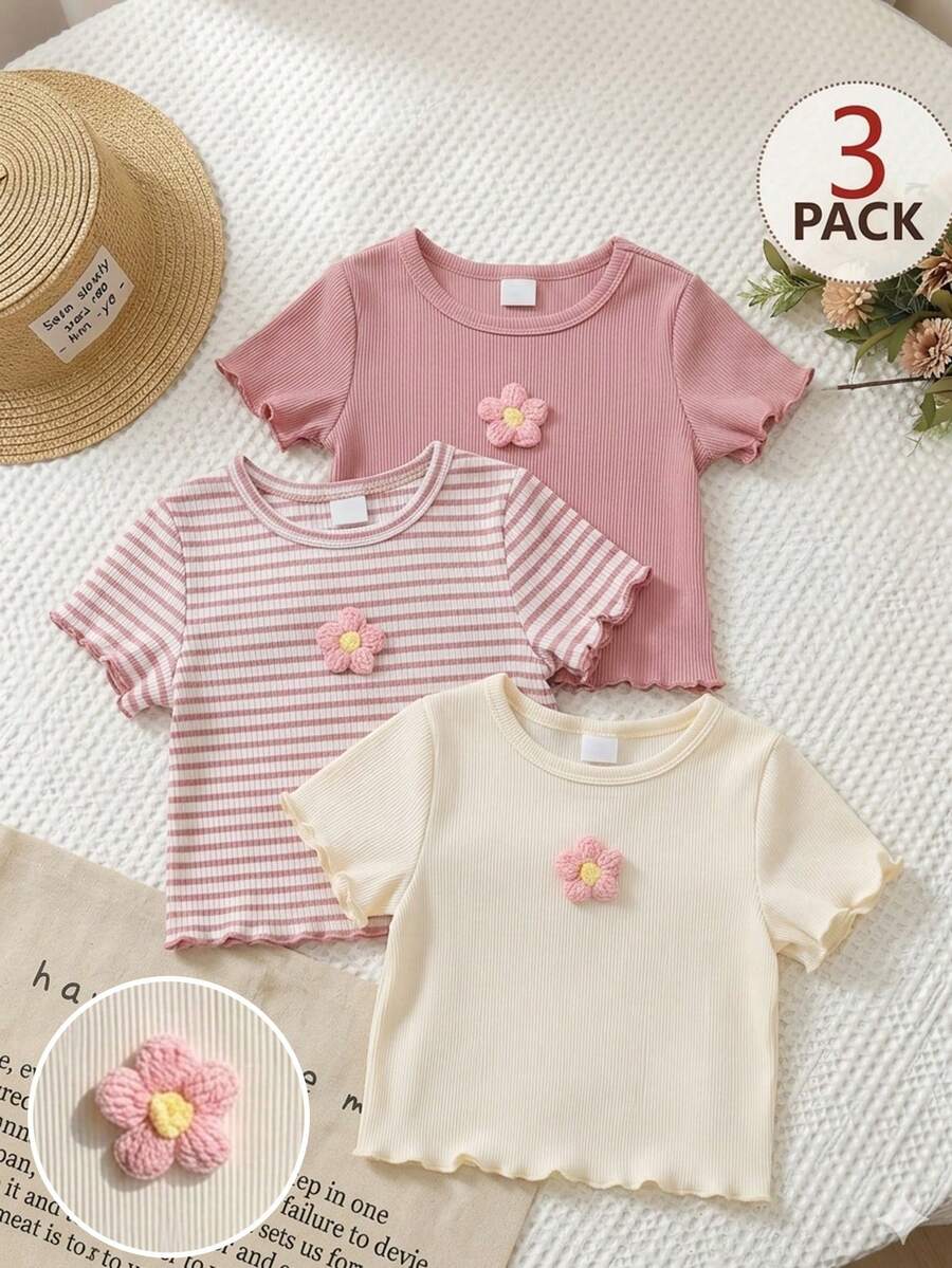 Playful Pals 3pcs/Set Baby Girls(6 Months-3 Years)Cute Summer Pink And White Striped Short Sleeve T-Shirts,Textured 3D Floral Ruffle Graduation Birthday Party Tops - Multicolor - View 1