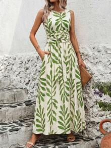 Solivie 度假休闲植物印花收腰无袖连衣裙 - 薄荷綠 - 查看 6