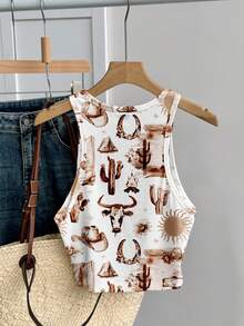 SHEIN EZwear 95%纯棉西部牛仔图案背心 – 休闲简约夏季度假、音乐节彩色涂鸦印花，圆领修身无袖女式上衣，Y2K复古软妹风 - 彩色 - 查看 6