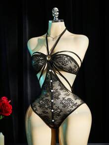 SpicyHot Body de encaje negro con diseño floral calado y botones, lencería sexy para mujer, adulta, para luna de miel, cita, lencería de encaje sexy, conjunto de lencería, atuendo sexy - Negro - Ver 5