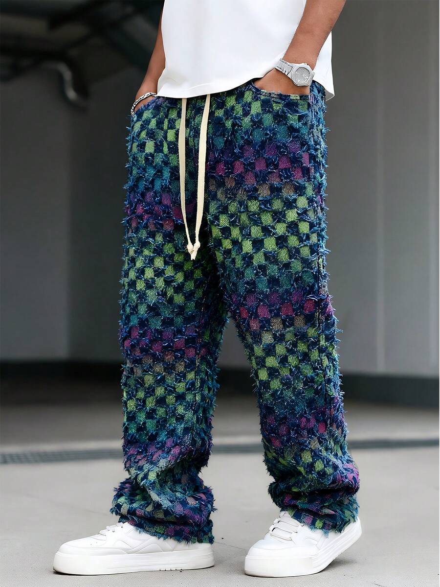Manfinity EMRG American Checkered Denim Jeans With Tassels - Multicolor - View 1