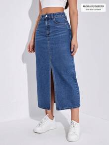 SHEIN ICON Chân váy denim xẻ tà giặt thường ngày cho nữ - Màu xanh lam - Xem 3