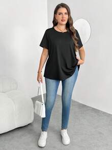 Enliva Plus Size Casual Basic Casual Crew Neck Short Sleeve Knitted T-Shirt Office Black Summer, For Apple And Rounded Body Shape - Black - View 7