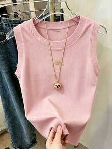 SHEIN LUNE 女款無袖刺繡白色上衣，休閒度假辦公穿搭，女士T恤背心 - 粉色 - 查看 5