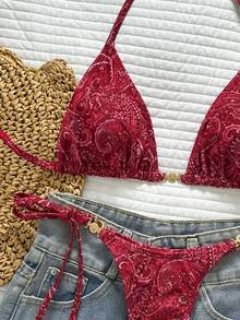 Swim Vcay Bộ đồ bơi hai mảnh dành cho nữ, họa tiết nhiệt đới dễ thương, áo tam giác buộc dây cổ yếm và quần dài với họa tiết vòng tròn kim loại trang trí, bộ đồ bơi thanh lịch cho kỳ nghỉ biển, ngày Valentine. - Nhiều màu - Xem 4