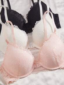 3pcs Women's Fashion Minimalist Heart Lace Wireless Front Closure Bra Set - Multicolor - View 3