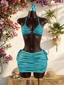 SaltGleam Women's Fashion Bodycon Drawstring Striped Blue-Green Mini Skirt, Suitable For Vacation, Daily Wear, Travel, Beach, Hot Spring, Sexy - Multicolor - View 8