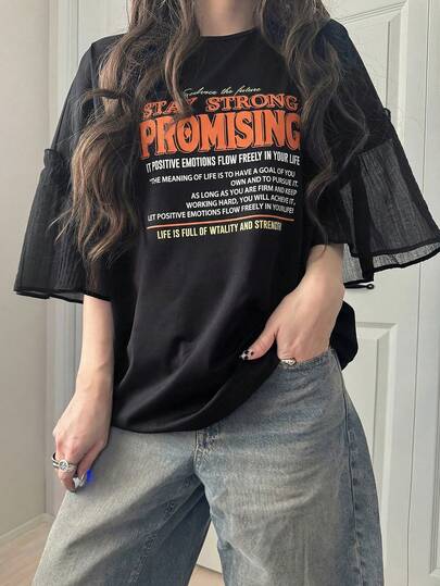 FRIFUL Camiseta suelta de verano para mujer con cuello redondo, bloque de color, decoración con estampado de letras, mangas mixtas y estilo casual urbano