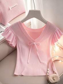 SHEIN Franclia Women's Elegant Ruffle Bow Tie T-Shirt - Pink - View 3