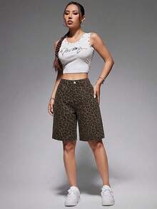 SHEIN Jeanoir Women's Leopard Print Slant Pocket Casual Loose Denim Shorts - Multicolor - View 4