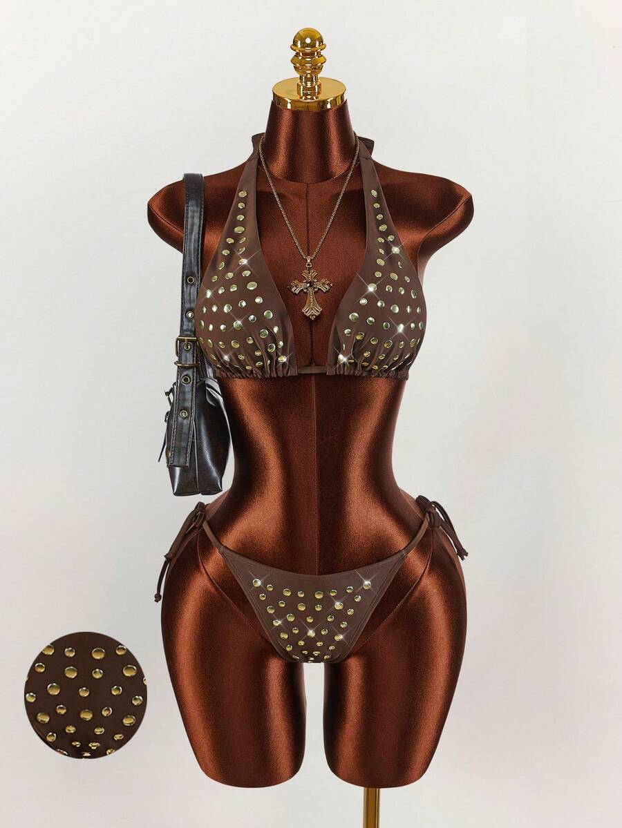 Amplova Women's Sexy Swimsuit Set, Sequin & Rivet Details, Halter Neck Tie-Up Style, Side Tie Design, Suitable For Beach, Holiday, Music Festival
