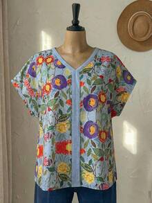 Rusticease Plus Size Blue Floral Print Batwing Sleeve Casual Vacation Summer Boho Top For Women, Spring Festival Holiday, Country Style - Multicolor - View 4
