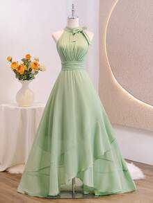 SHEIN Vestido Halter Elegante de Festa para Adolescentes, Cor Sólida com Laço Decorativo - Verde Menta - Visão 3