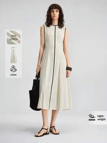 Ontre 2026SS Nouvelle robe mi-longue d'été pour femmes, design color block en tissu tissé, style vacances, tenue de fête, robe noire et abricot pour femmes, col rond sans manches, simple et élégante, polyvalente pour le travail, les sorties d'été et les fêtes. Robe décontracté, tenue de plage, robe longue pour invitée de mariage, robe de soirée, robe élégante, design mode évasé en ligne A, tenue romantique pour le thé et les rendez-vous. Coupe ample et confortable, populaire robe mi-longue pour femmes - Noir et Blanc - Voir 5