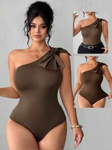 Elenzga Bodyduit elegante y sexy de talla grande con decoración de lazo en los hombros, estilizador para salidas, fiestas y vacaciones. Traje de baño para mujer, bañador de una sola manga, traje de baño marrón para mujer - Marrón - Ver 8