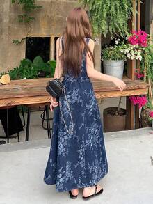 DAZY Đầm denim không tay in họa tiết toàn thân kiểu Bohemian dành cho nữ - Màu xanh lam - Xem 3