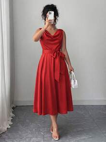 GlowEve CURVE Vestido elegante sin mangas con lazo en la cintura para mujer de talla grande - Rojo - Ver 7