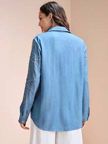 Arave Elegant Commuter Pearl & Rhinestone Decorated Blouse - Blue - View 4