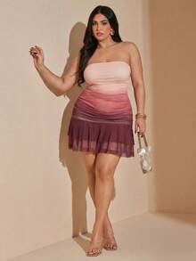 SHEIN BAE Plus Size Women Gradient Strapless Shorts Jumpsuit With Mesh Overlay - Multicolor - View 1