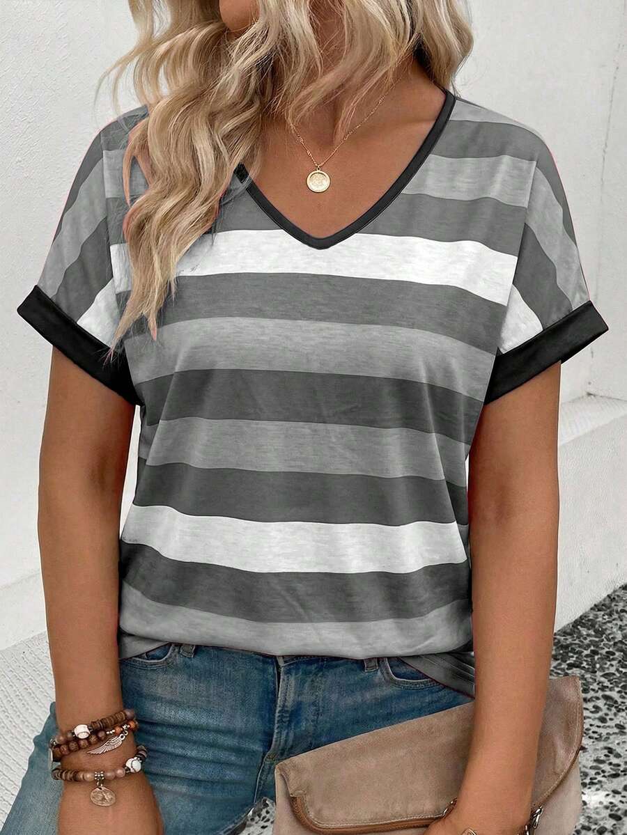 Selamara New Arrival Plus Size Women's Fashion Colorful Striped V-Neck Short Sleeve T-Shirt - Multicolor - View 1