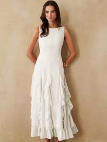 BELROSIE 法式奢华优雅雪纺露肩收腰竖条纹荷叶边下摆修身连衣裙，适合度假和约会穿着 - 米色 - 查看 3